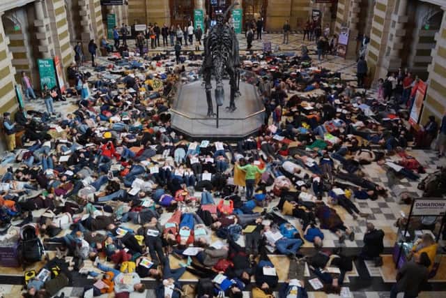 Extinction Rebellion Scotland of protesters from the Wee Rebellion staged a 'die in' beneath Dippy the Dinosaur at Kelvingrove Art Gallery and Museum in Glasgow. Picture: Extinction Rebellion/PA Wire