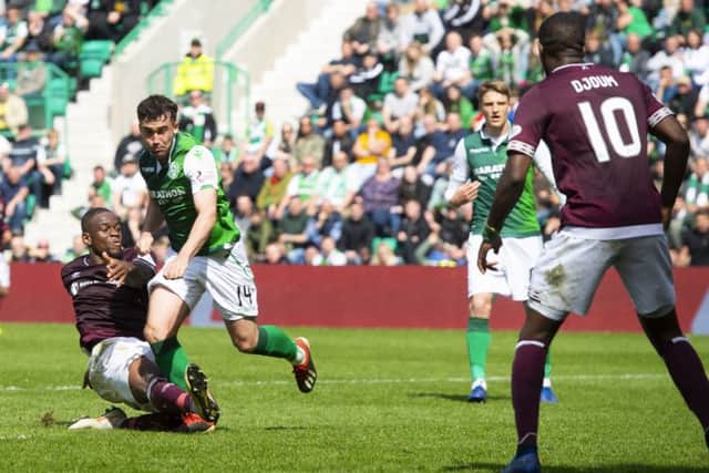 Hearts striker Uche Ikpeazu scores to make it 1-1. Picture: SNS
