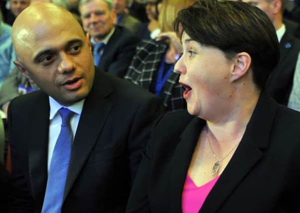 Ruth Davidson, leader of the Scottish Conservatives, chats with Home Secretary Sajid Javid at the Scottish Conservative party conference in Aberdeen (Picture: Andy Buchanan/AFP/Getty)