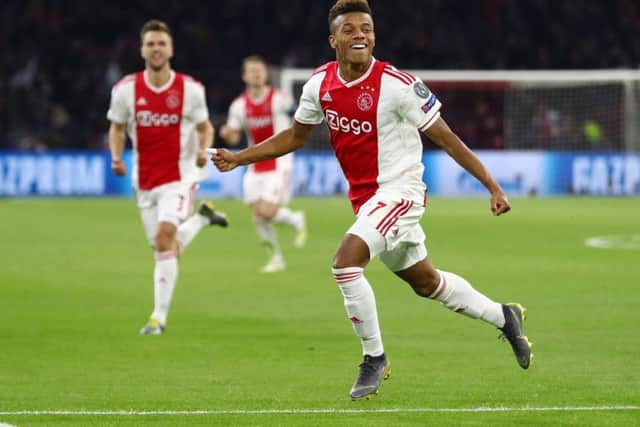 Winger David Neres celebrates scoring against Juventus in the quarter-final of the Champions League. Picture: Getty.