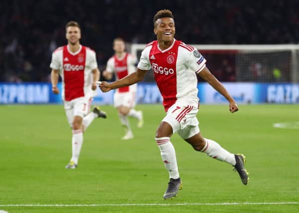Winger David Neres celebrates scoring against Juventus in the quarter-final of the Champions League. Picture: Getty.