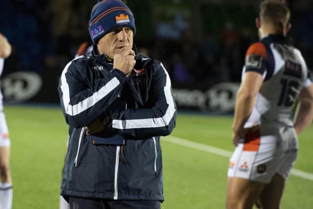 Edinburgh head coach Richard Cockerill looks dejected after defeat by Glasgow. Picture: SNS