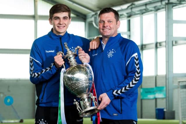 Rangers' U20s player Cameron Palmer with coach Graeme Murty ahead of the Glasgow Cup final. Picture: SNS