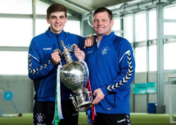 Rangers' U20s player Cameron Palmer with coach Graeme Murty ahead of the Glasgow Cup final. Picture: SNS