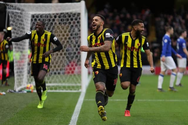 Andre Gray (centre) celebrates a goal for Watford. Picture: Getty Images