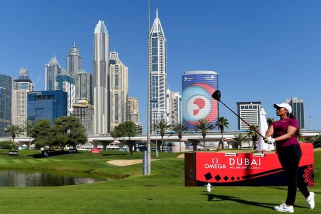 Cheyenne Woods tees off at the Omega Dubai Moonlight Classic in Dubai. Picture: Tom Dulat/Getty Images