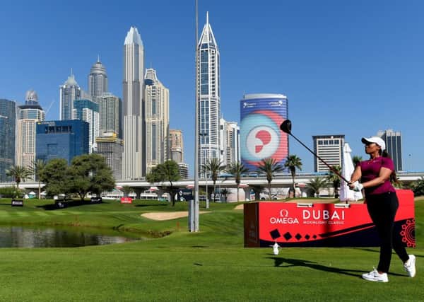 Cheyenne Woods tees off at the Omega Dubai Moonlight Classic in Dubai. Picture: Tom Dulat/Getty Images