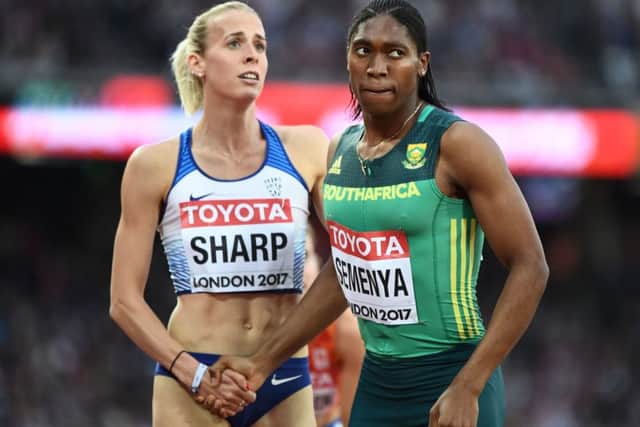 Caster Semenya, right, shakes hands with Lynsey Sharp at the 2017 World Championships in London. Picture: Jewel Samad/AFP/Getty Images