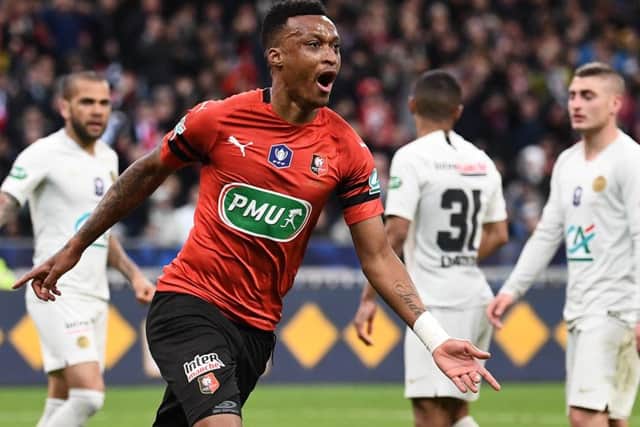 Mexer wheels away after scoring for Rennes against Paris Saint-Germain in the French cup final. Picture: AFP/Getty Images