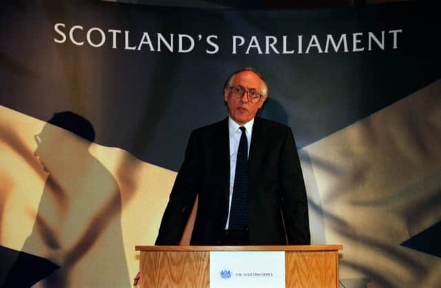 Donald Dewar, Secretary of State for Scotland, at a press conference to launch the Labour Party's plan for Scotland post-referendum - 'Scotland's Parliament'