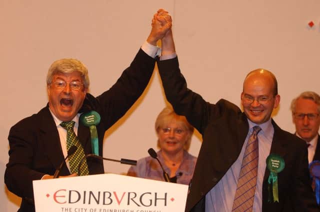 Robin Harper and Mark Ballard salute their election as MSPs for the Scottish Greens in 2003. Picture: Neil Hanna/TSPL