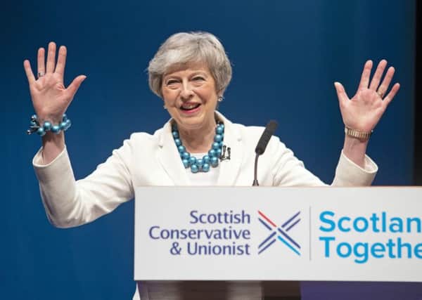 Prime Minister Theresa May addresses delegates during the Scottish Conservatives' annual party conference at the Aberdeen Exhibition and Conference Centre. PRESS ASSOCIATION Photo. Picture date: Friday May 3, 2019. See PA story POLITICS Tories. Photo credit should read: Jane Barlow/PA Wire