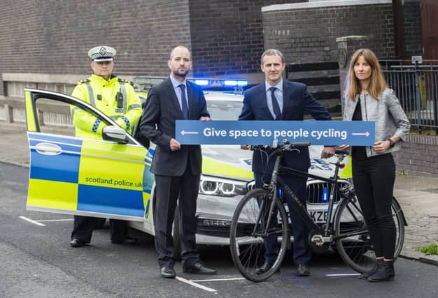 Inspector Andrew Thomson (Police Scotland), Cycling Scotland chief executive Keith Irving, Michael Matheson (Cabinet Secretary for Transport, Infrastructure and Connectivity) and Cycling Scotland head of communications Denise Hamilton at the launch of Cycling Scotland's annual cycling road safety campaign in Glasgow.
Picture: Warren Media
