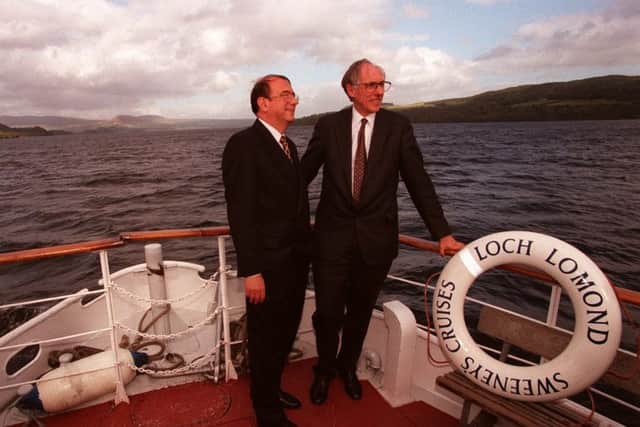 First minister Donald Dewar and Scottish Office minister Lord Sewel on Loch Lomond. Picture: Stephen Mansfield
