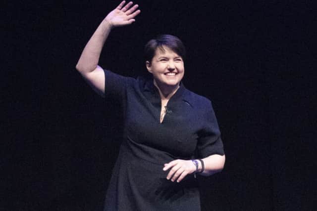 Ruth Davidson waves to Scottish Conservative delegates after delivering her keynote speech at the Aberdeen Exhibition and Conference Centre. Picture: Jane Barlow/PA