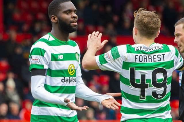 Celtic's Odsonne Edouard celebrates his goal with James Forrest. Pic: SNS/Paul Devlin
