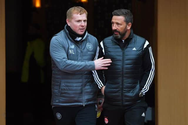 Celtic manager Neil Lennon with Aberdeen manager Derek McInnes. Pic: SNS/Craig Williamson