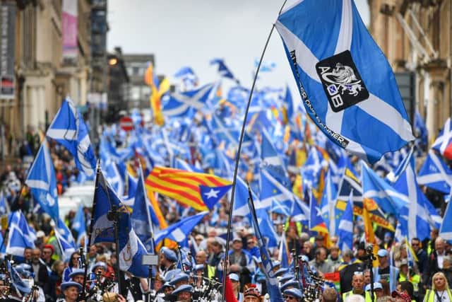 Thousands of independence supporters marched during The All Under One Banner event on Saturday in Glasgow. Picture: Getty