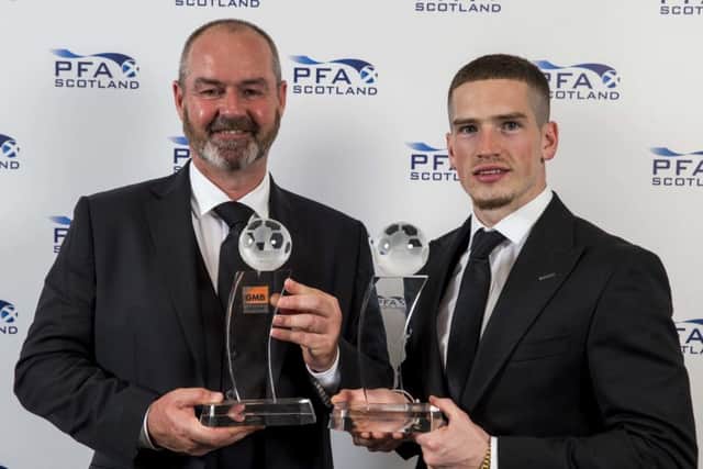 Manager of the Year Steve Clarke and Young Player of the Year Ryan Kent collect their awards at the PFA Scotland ceremony. Picture: Jeff Holmes/PA