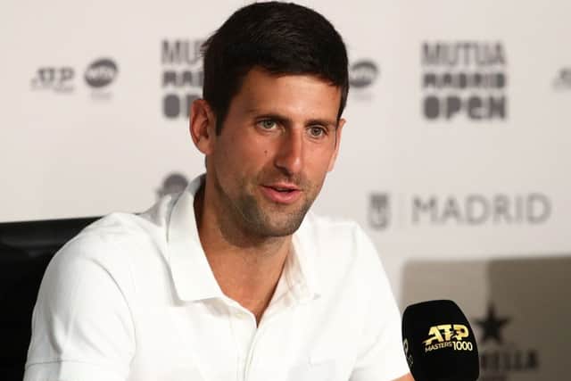 Novak Djokovic speaks to the media at the Mutua Madrid Open. Picture: Julian Finney/Getty