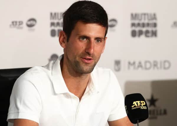 Novak Djokovic speaks to the media at the Mutua Madrid Open. Picture: Julian Finney/Getty