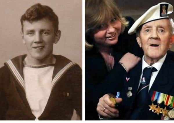 Pamela Hunter (right) will travel to Moscow to pay tribute to her father John Burns (first left and far left), who took part in the deadly Arctic Convoys from Scotland to Russia during World War Two. PICS: Contributed.