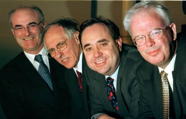 The leaders of Scotland's big four political parties as they were in 1999 ahead of the first elections to the devolved Scottish Parliament. From left, David McLetchie of the Conservatives, Donald Dewar of Labour, Alex Salmond of the SNP, and Jim Wallace of the Liberal Democrats