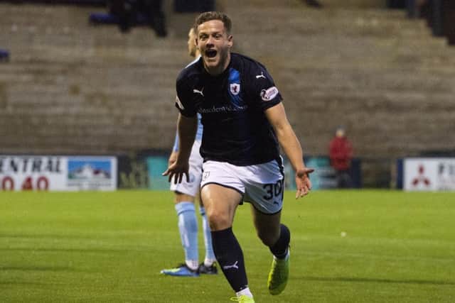 Raith's James Gullan celebrates his goal to make it 2-1 against Forfar. Picture: SNS