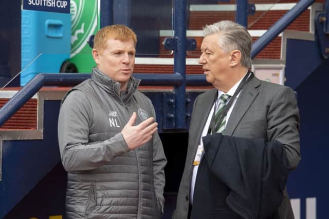 Celtic interim boss Neil Lennon, left, with Hoops chief executive Peter Lawwell. Picture: SNS Group