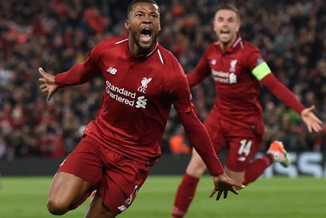 Liverpool's Georginio Wijnaldum celebrates after scoring the third goal during the Champions league semi-final win over Barcelona. Picture: Paul Ellis/AFP/Getty Images