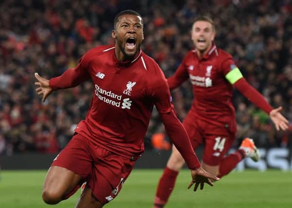 Liverpool's Georginio Wijnaldum celebrates after scoring the third goal during the Champions league semi-final win over Barcelona. Picture: Paul Ellis/AFP/Getty Images