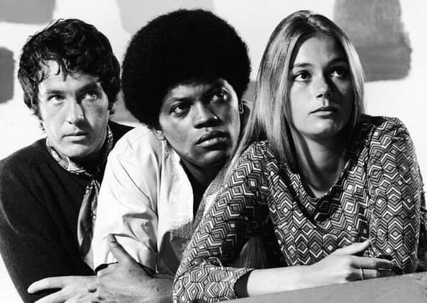 Promotional studio portrait of actors Michael Cole (L), Clarence Williams III and Peggy Lipton for the television series, 'The Mod Squad,' c. 1968. (Photo by ABC/Hulton Archive/Courtesy of Getty Images)