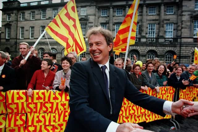 Prime Minister Tony Blair in Parliament Square, Edinburgh, the morning after the 1997 referendum on Scottish devolution which returned a decisive Yes-Yes result. Picture: Allan Milligan/TSPL