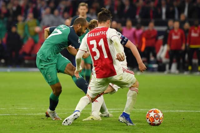 Tottenhams Brazilian striker Lucas Moura strikes the vital goal against Ajax deep in injury time. Picture: Dan Mullan/Getty