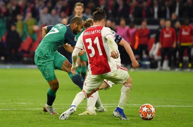 Tottenhams Brazilian striker Lucas Moura strikes the vital goal against Ajax deep in injury time. Picture: Dan Mullan/Getty