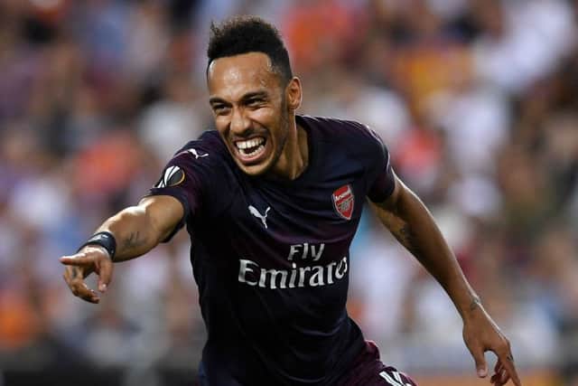 Arsenal's Pierre-Emerick Aubameyang of celebrates scoring his team's first goal against Valencia. Picture: Alex Caparros/Getty Images