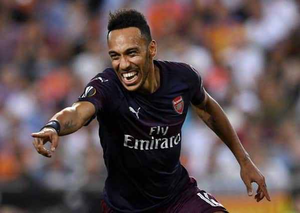 Arsenal's Pierre-Emerick Aubameyang of celebrates scoring his team's first goal against Valencia. Picture: Alex Caparros/Getty Images