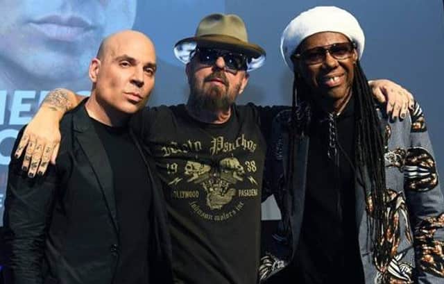 David A Stewart, flanked by Merck Mercuriadis, left, and Nile Rodgers. Picture: Grant Martin