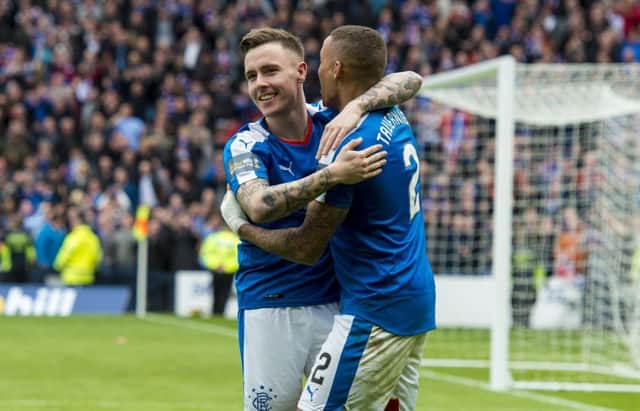 Barrie McKay celebrates with James Tavernier after netting against Celtic in the 2016 Scottish Cup semi-final. Picture: SNS