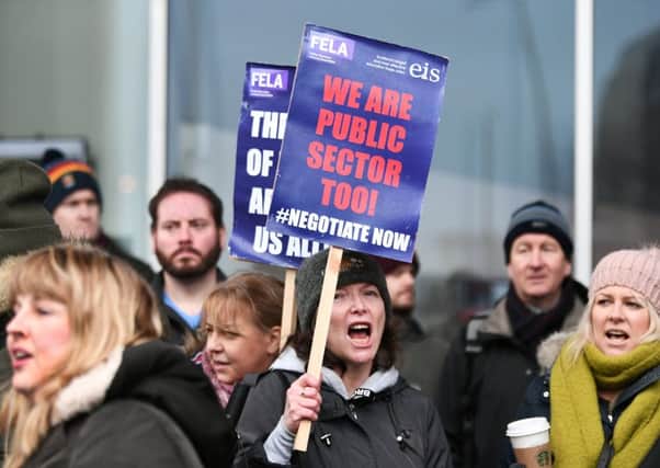 Teachers and Lecturers picket outside City of Glasgow College in March. Picture: John Devlin