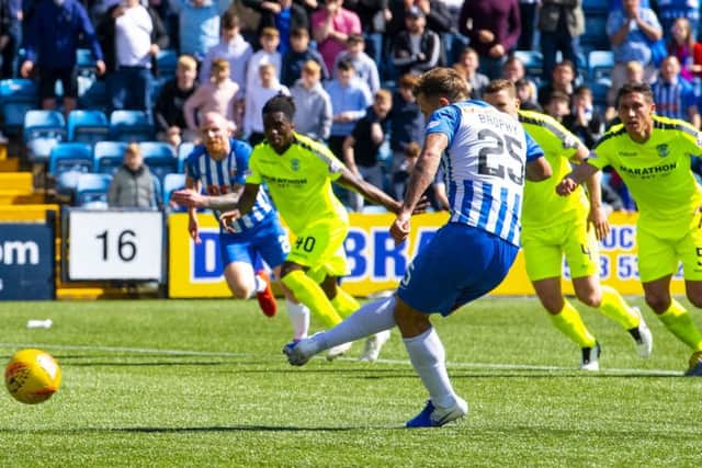 Eamonn Brophy scores to put Kilmarnock ahead. Pic: SNS/Alan Harvey
