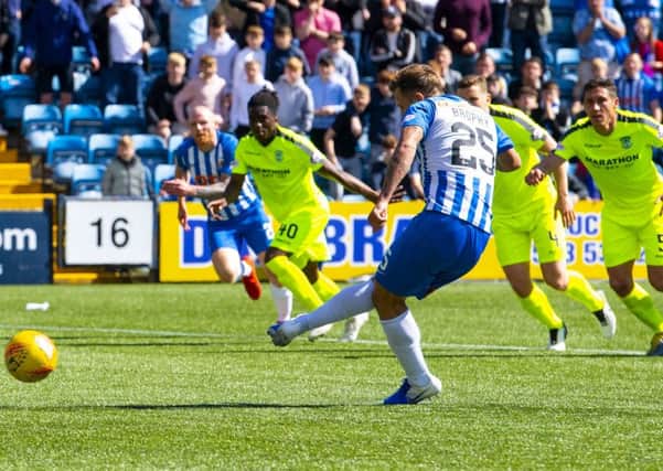Eamonn Brophy scores to put Kilmarnock ahead. Pic: SNS/Alan Harvey