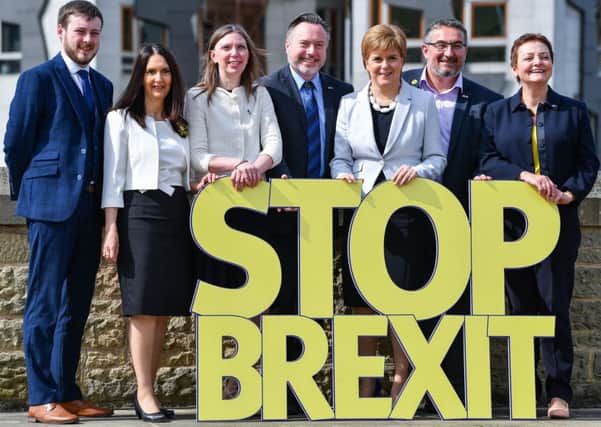 Scottish National Party leader Nicola Sturgeon, attends European Election campaign launch with the six candidates (LtoR Alex Kerr,Margaret Ferrier,Aileen McLeod,Alyn Smith,NicolaSturgeon,Christian Allard, Heather Anderson). Picture: Jeff J Mitchell/Getty Images