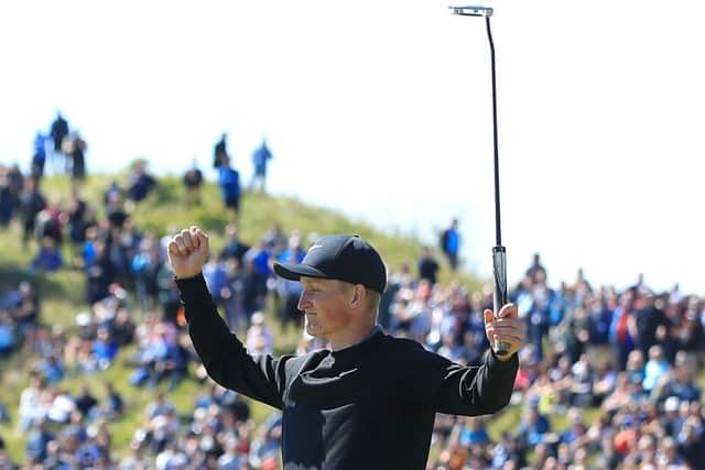 Marcus Kinhult celebrates after winning the British Masters at Hillside.