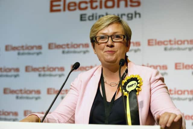 MP Joanna Cherry celebrates retaining her seat at Meadowbank Sports Centre in Edinburgh.