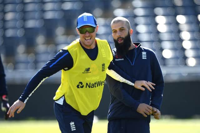 Jason Roy, left, shares a joke with England team-mate Moeen Ali ahead of the 3rd Royal London One Day International match against Pakistan in Bristol. Picture: Stu Forster/Getty