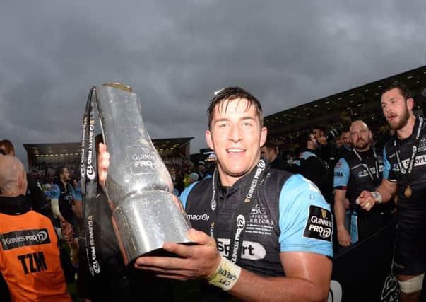 DTH van der Merwe lifts the Pro12 trophy after Glasglow's win over Munster in the final in 2015. Picture: Gary Hutchison/SNS/SRU