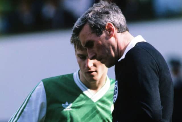 George Smith books Hibs striker Gareth Evans during a Scottish Cup semi-final at Hampden in 1989