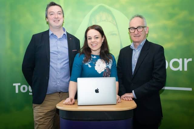 From left: Soar's Andrew Duncan, MSP Kate Forbes, who visited the fintech's office this week, and Scottish Enterprise's Michael Cannon. Picture: Scottish Enterprise