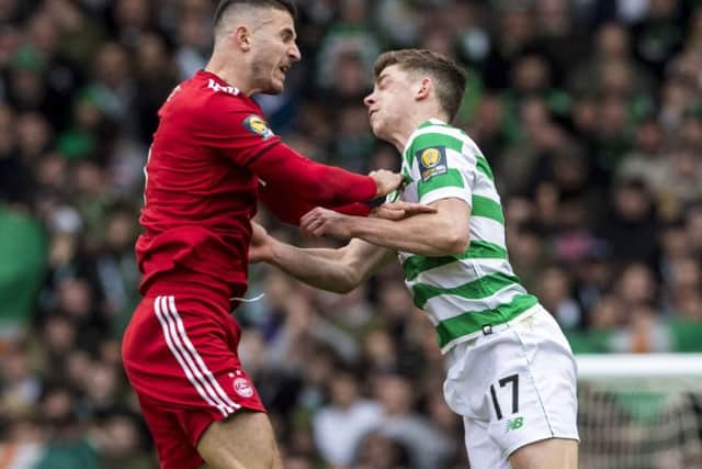 Ryan Christie clashes with Aberdeen's Dominic Ball in the Scottish Cup semi-final. Picture: Alan Harvey/SNS